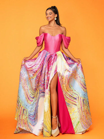 Ladies' Off Shoulder Geometric Print Long Elegant Evening Dress With Fabric