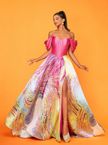 Ladies' Off Shoulder Geometric Print Long Elegant Evening Dress With Fabric