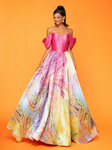 Ladies' Off Shoulder Geometric Print Long Elegant Evening Dress With Fabric