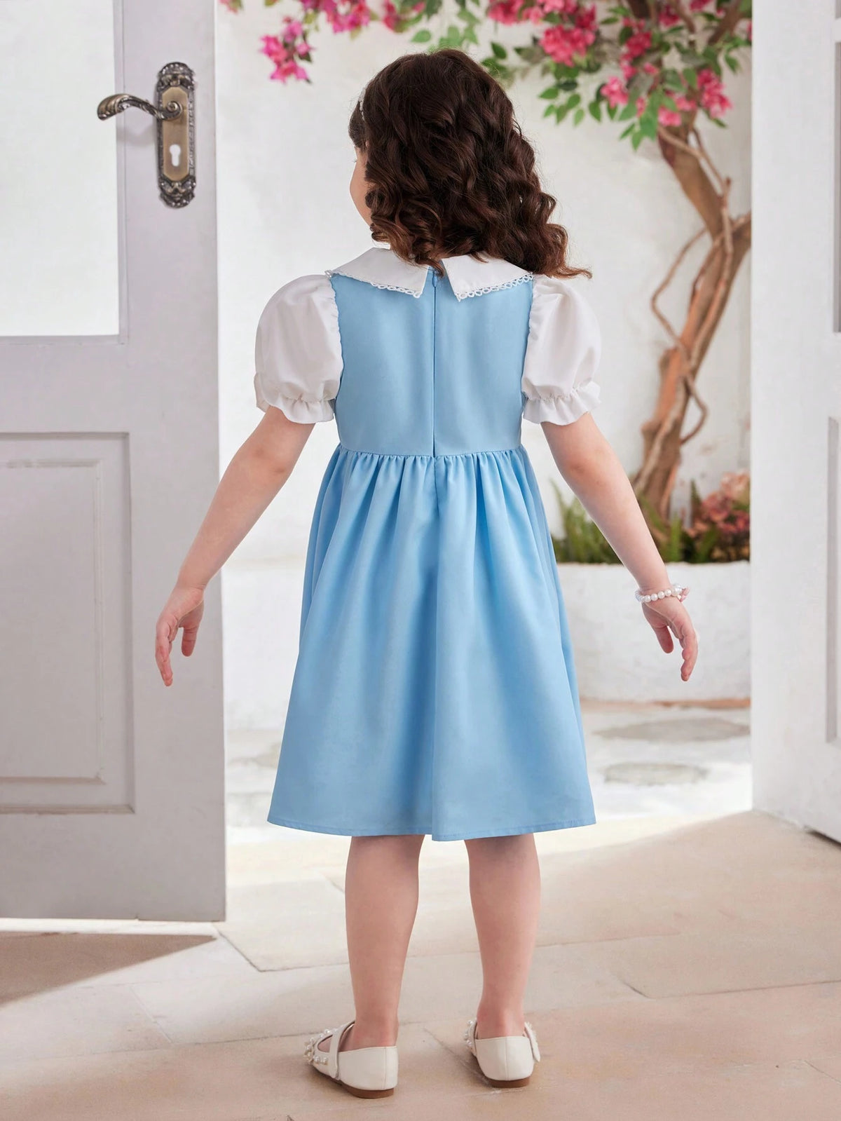 Elegant And Princess Style College Color-Block Lace Embroidery Peter Pan Collar Puff Sleeve Spliced Blue Square Neckline A-Line Knee-Length,Summer, Going Back To School, Parties, Performances, And Family Gatherings