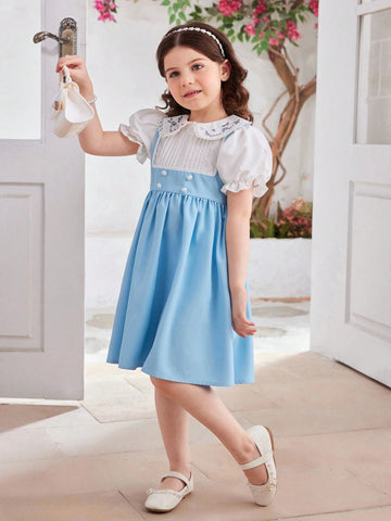 Elegant And Princess Style College Color-Block Lace Embroidery Peter Pan Collar Puff Sleeve Spliced Blue Square Neckline A-Line Knee-Length,Summer, Going Back To School, Parties, Performances, And Family Gatherings