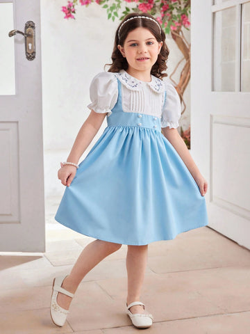 Elegant And Princess Style College Color-Block Lace Embroidery Peter Pan Collar Puff Sleeve Spliced Blue Square Neckline A-Line Knee-Length,Summer, Going Back To School, Parties, Performances, And Family Gatherings