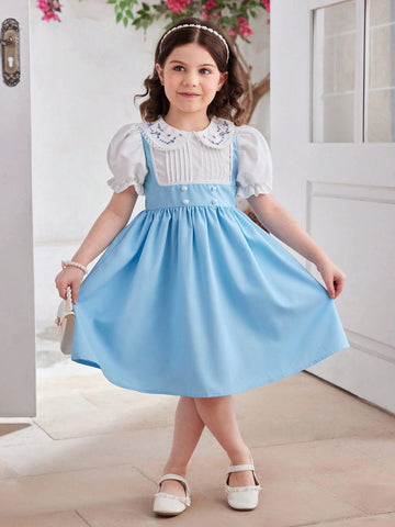 Elegant And Princess Style College Color-Block Lace Embroidery Peter Pan Collar Puff Sleeve Spliced Blue Square Neckline A-Line Knee-Length,Summer, Going Back To School, Parties, Performances, And Family Gatherings