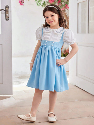 Elegant And Princess Style College Color-Block Lace Embroidery Peter Pan Collar Puff Sleeve Spliced Blue Square Neckline A-Line Knee-Length,Summer, Going Back To School, Parties, Performances, And Family Gatherings