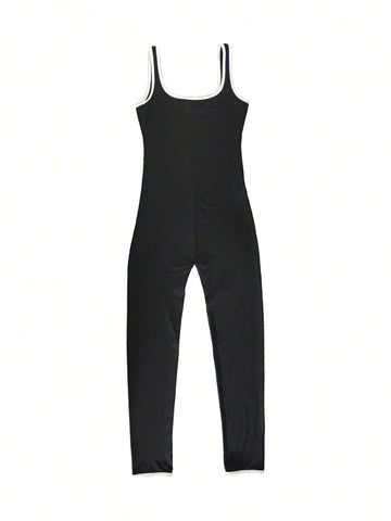 Elegant And Simple Color-Blocked Tight Jumpsuit With Bordered Edges For Summer