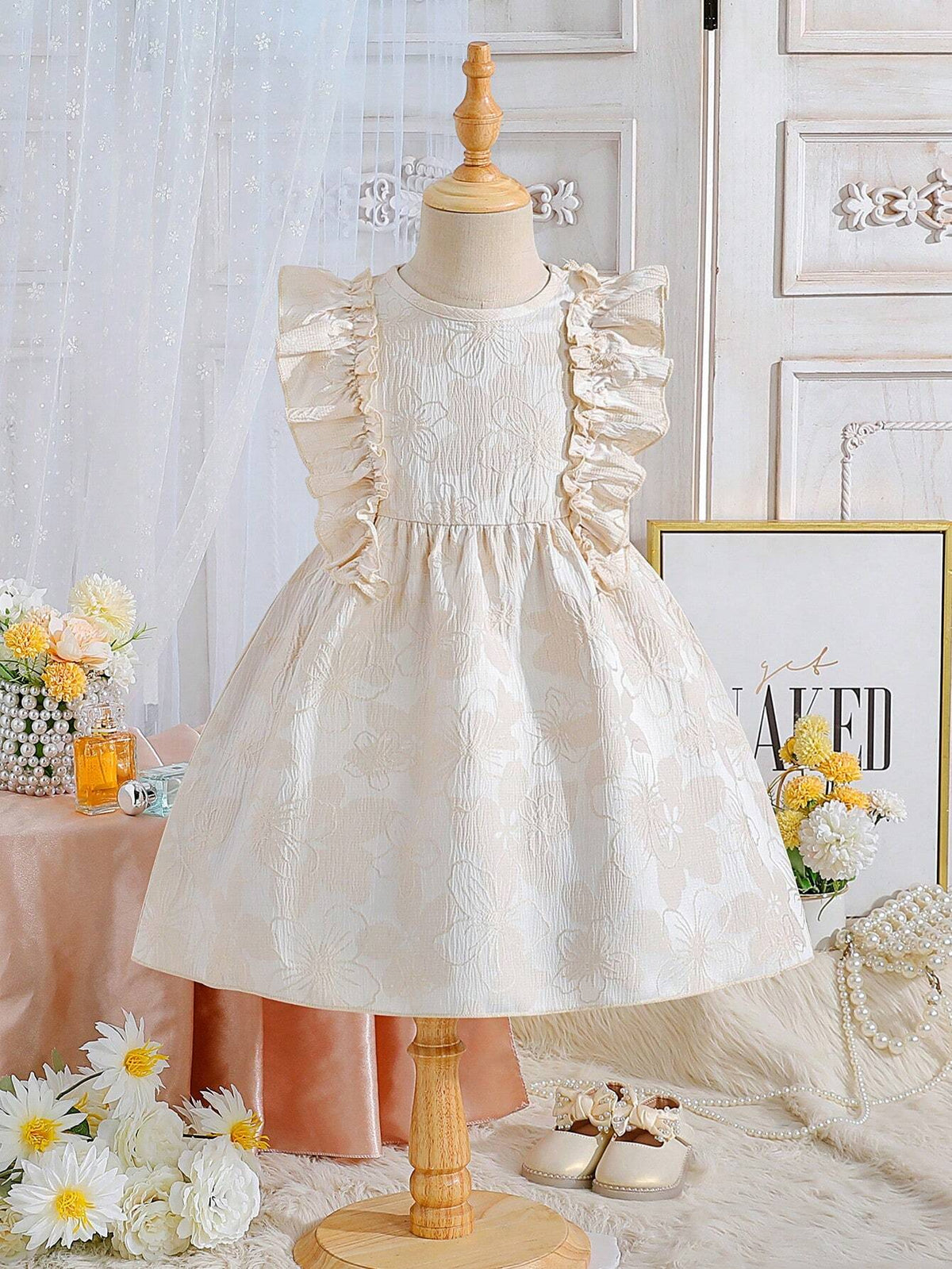 Elegant And Sweet Round Neck Sleeveless Jacquard Fabric Solid Color Dress With Ruffle Hem For Toddler Girls In Summer
