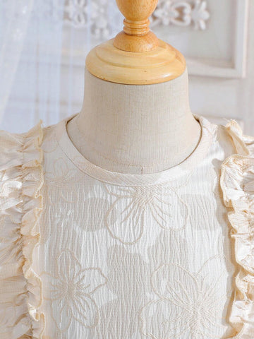 Elegant And Sweet Round Neck Sleeveless Jacquard Fabric Solid Color Dress With Ruffle Hem For Toddler Girls In Summer