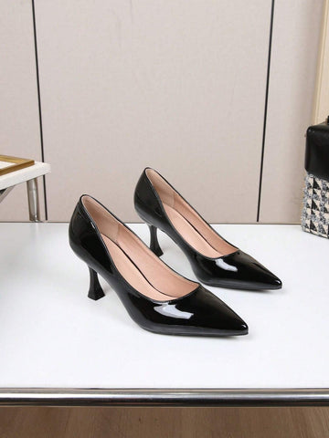 Elegant And Versatile Women\ High-Heeled Shoes, Single Shoes, Pointed Toe, Thin Heel, Sexy Black Soft Leather Work Shoes