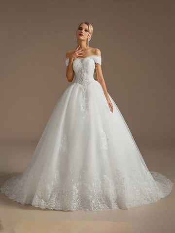 Elegant Appliqué Boat Neck Wedding Dresses For Women Wedding Ceremony Dress