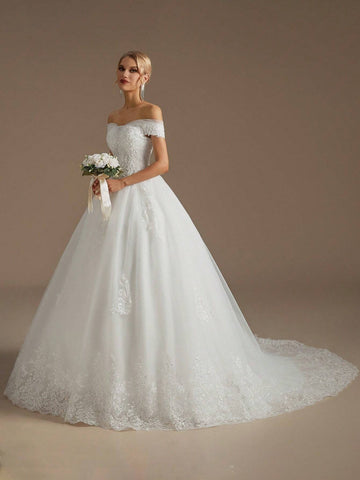 Elegant Appliqué Boat Neck Wedding Dresses For Women Wedding Ceremony Dress