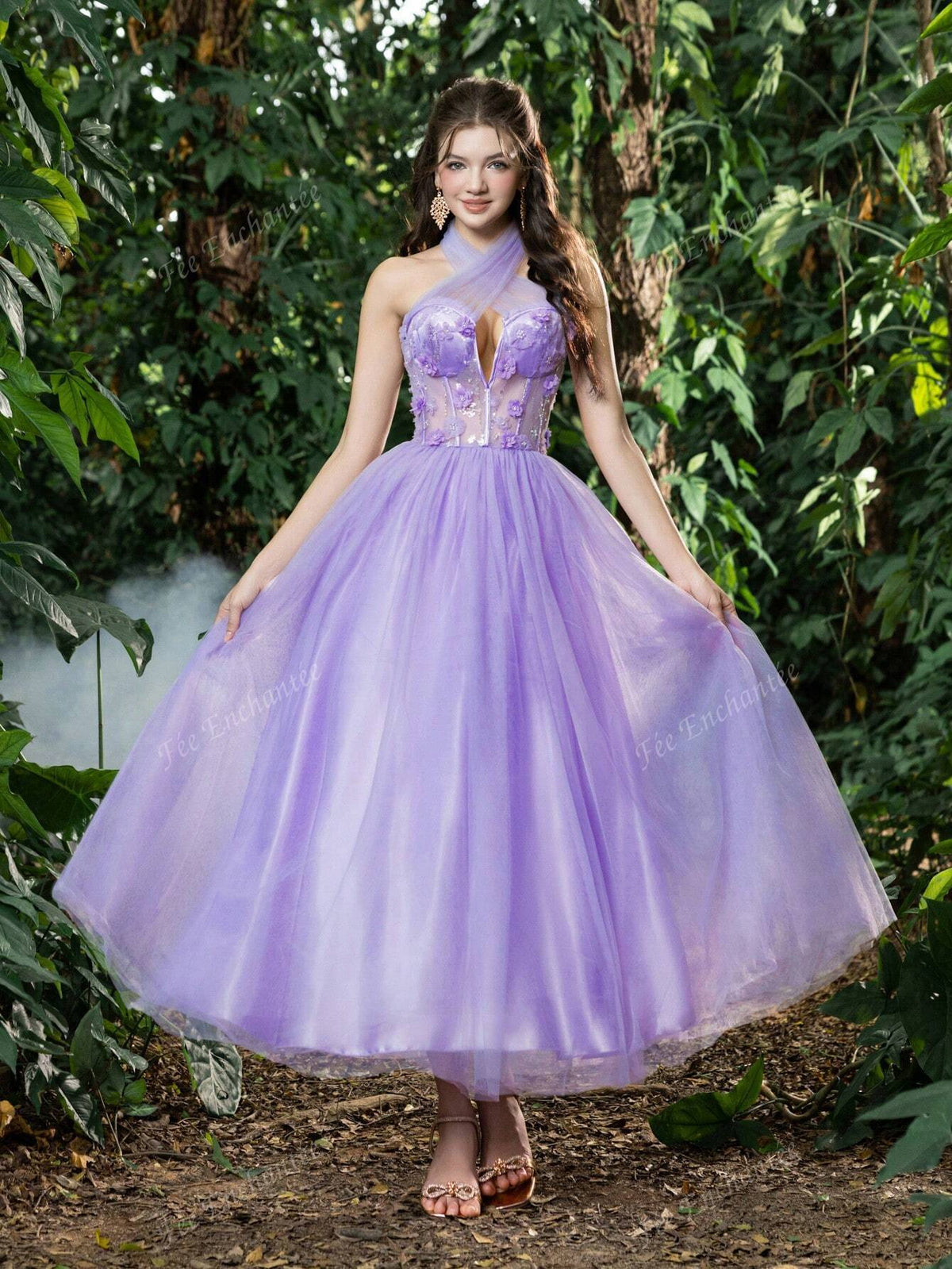 Elegant Applique Details Crisscross Halter Neck Bodice Tulle Prom Dress Perfect For Back To School, Gathering, Dance & Cocktail Events