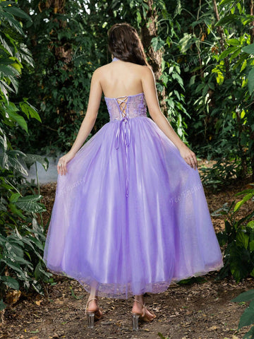Elegant Applique Details Crisscross Halter Neck Bodice Tulle Prom Dress Perfect For Back To School, Gathering, Dance & Cocktail Events