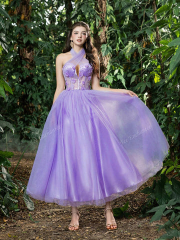 Elegant Applique Details Crisscross Halter Neck Bodice Tulle Prom Dress Perfect For Back To School, Gathering, Dance & Cocktail Events