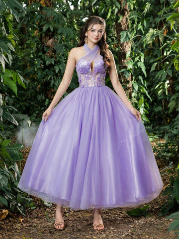 Elegant Applique Details Crisscross Halter Neck Bodice Tulle Prom Dress Perfect For Back To School, Gathering, Dance & Cocktail Events