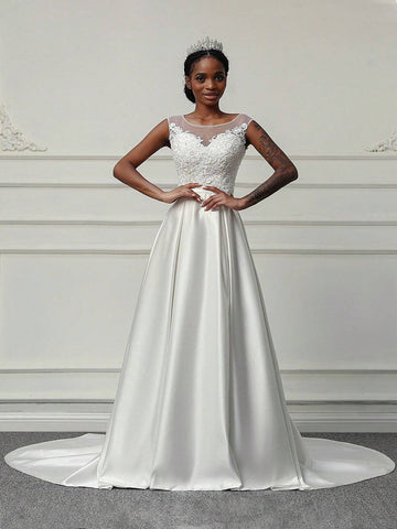 Elegant Appliqued Beaded Satin Wedding Dress
