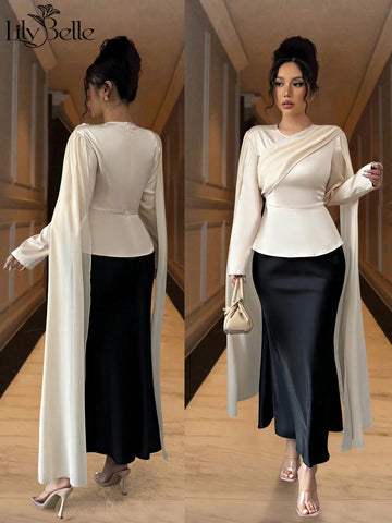 Elegant Apricot Color 2 In 1 A-Line Waist Women's Shirt