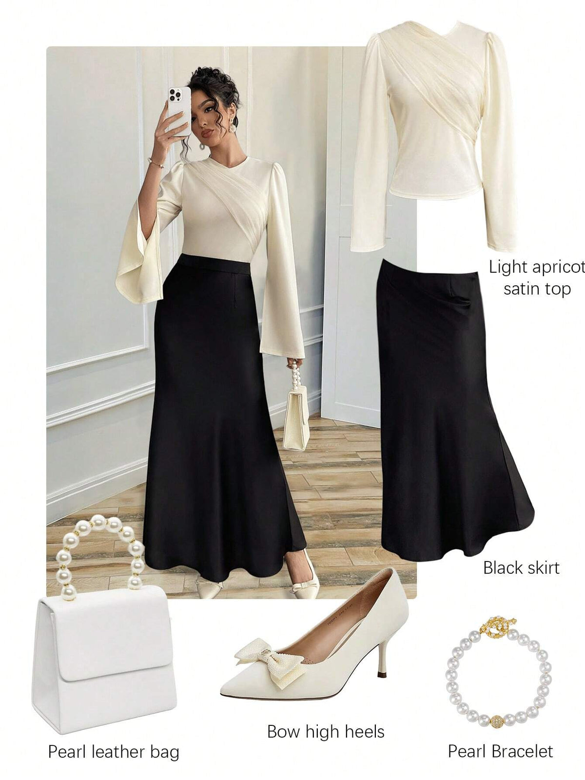 Elegant Apricot Crew Neck Long Sleeve Flare Cuff Mesh Panel Blouse & Black Fish Tail Skirt 2 Piece Set For Women