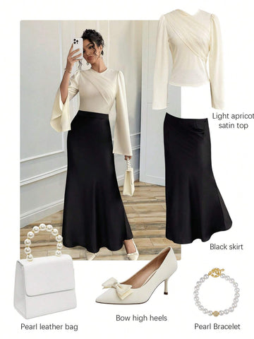 Elegant Apricot Crew Neck Long Sleeve Flare Cuff Mesh Panel Blouse & Black Fish Tail Skirt 2 Piece Set For Women
