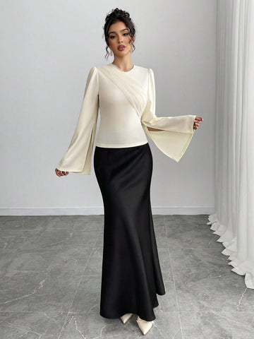 Elegant Apricot Crew Neck Long Sleeve Flare Cuff Mesh Panel Blouse & Black Fish Tail Skirt 2 Piece Set For Women