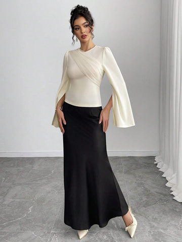 Elegant Apricot Crew Neck Long Sleeve Flare Cuff Mesh Panel Blouse & Black Fish Tail Skirt 2 Piece Set For Women