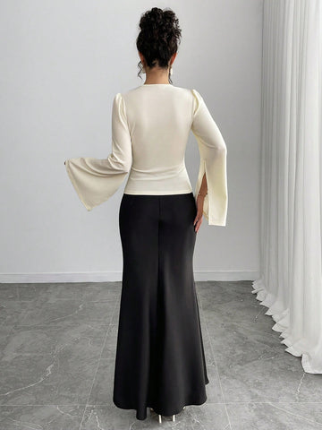 Elegant Apricot Crew Neck Long Sleeve Flare Cuff Mesh Panel Blouse & Black Fish Tail Skirt 2 Piece Set For Women