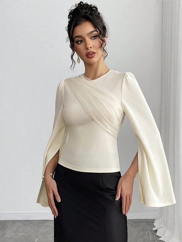 Elegant Apricot Crew Neck Long Sleeve Flare Cuff Mesh Panel Blouse & Black Fish Tail Skirt 2 Piece Set For Women