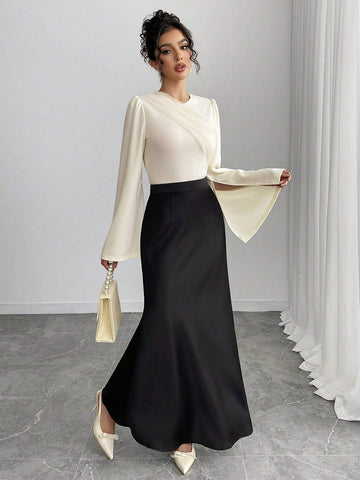 Elegant Apricot Crew Neck Long Sleeve Flare Cuff Mesh Panel Blouse & Black Fish Tail Skirt 2 Piece Set For Women