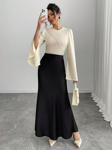 Elegant Apricot Crew Neck Long Sleeve Flare Cuff Mesh Panel Blouse & Black Fish Tail Skirt 2 Piece Set For Women