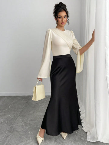 Elegant Apricot Crew Neck Long Sleeve Flare Cuff Mesh Panel Blouse & Black Fish Tail Skirt 2 Piece Set For Women
