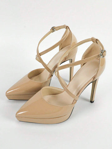 Elegant Apricot Pumps For Women, Minimalist Point Toe Stiletto Heeled Artificial Patent Leather Ankle Strap Pumps