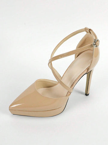 Elegant Apricot Pumps For Women, Minimalist Point Toe Stiletto Heeled Artificial Patent Leather Ankle Strap Pumps