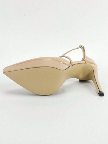 Elegant Apricot Pumps For Women, Minimalist Point Toe Stiletto Heeled Artificial Patent Leather Ankle Strap Pumps