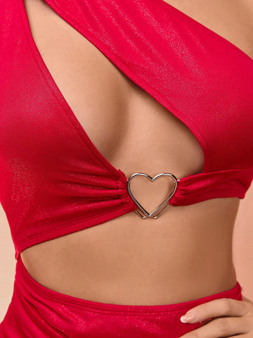 Elegant Asymmetrical Hollow-Out One-Shoulder Crop Top & Split Solid Red Floor-Length Dress, Chic Two Piece Set, Suitable For Hostess, Formal Party, High-End Banquet, Gala Event