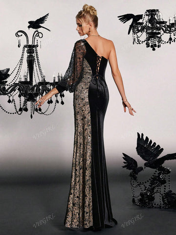 Elegant Asymmetrical Neck Evening Gown With Sophisticated Design