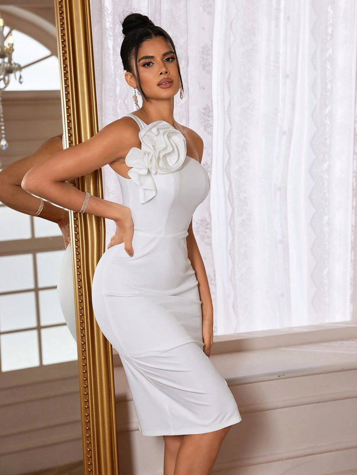 Elegant Asymmetrical Neck Solid Color White Formal Dress