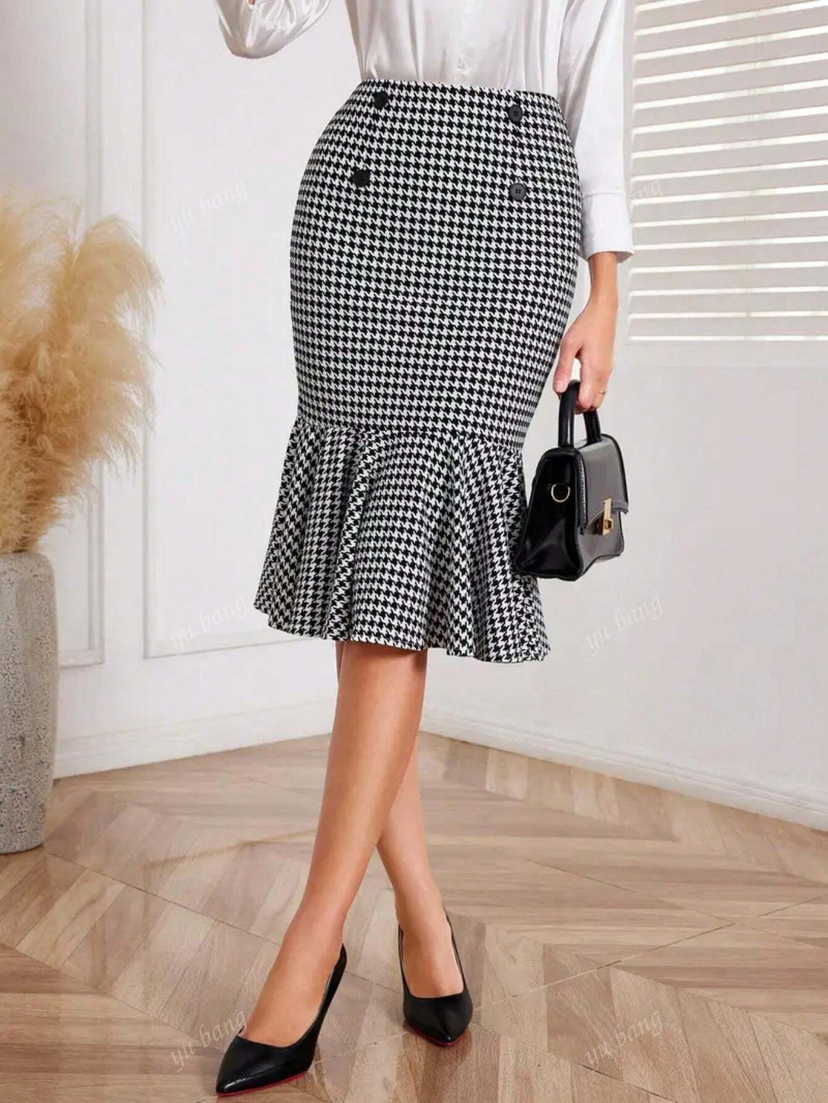 Elegant Autumn Houndstooth High Waist Ruffled Hem Button Front Pencil Skirt