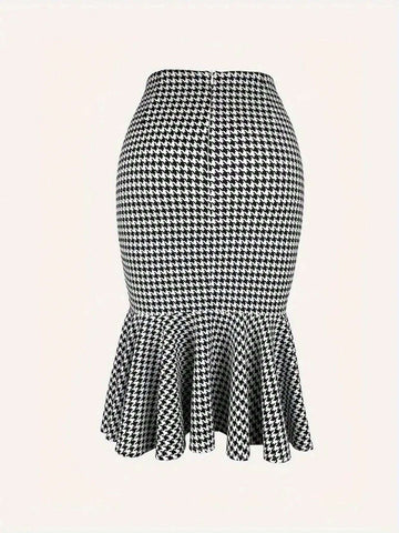 Elegant Autumn Houndstooth High Waist Ruffled Hem Button Front Pencil Skirt