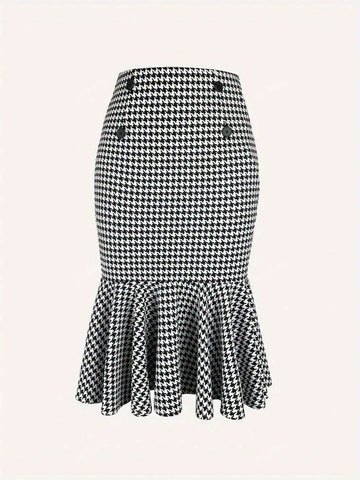 Elegant Autumn Houndstooth High Waist Ruffled Hem Button Front Pencil Skirt