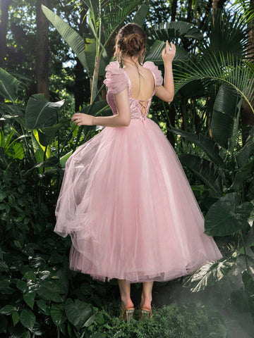 Elegant Beaded Sequined Bodice Puffy Sleeves Tulle Prom Homecoming Dress Perfect For Back To School, Gathering, Dance & Cocktail Events, Semi Formal Dress, For Birthday, Wedding Guest, Graduation