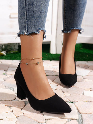 Elegant Black Court Pumps For Women, Point Toe Faux Suede Chunky Heeled Pumps
