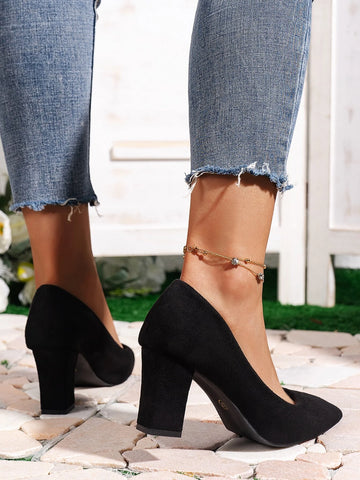 Elegant Black Court Pumps For Women, Point Toe Faux Suede Chunky Heeled Pumps