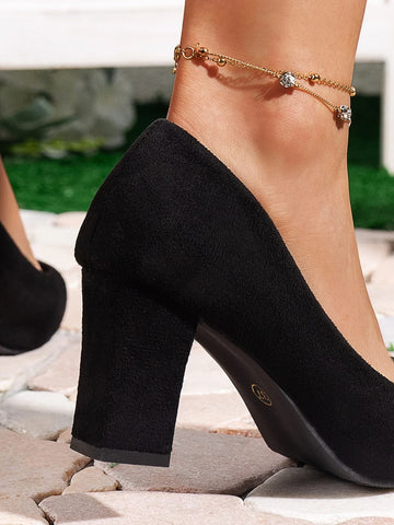 Elegant Black Court Pumps For Women, Point Toe Faux Suede Chunky Heeled Pumps