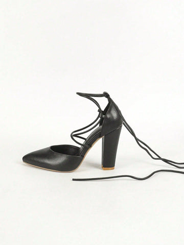 Elegant Black High Heel Lace-Up Sandals, Fashion Versatile Trendy 2024 New Arrival
