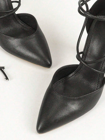 Elegant Black High Heel Lace-Up Sandals, Fashion Versatile Trendy 2024 New Arrival