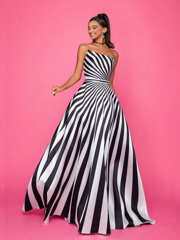 Elegant Black & White Maxi Dress With Drapery For Formal Occasions