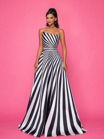 Elegant Black & White Maxi Dress With Drapery For Formal Occasions