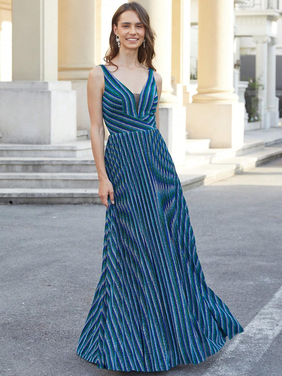 Elegant Blue Deep V-Neck Prom Dresses Long Zip Back A-Line Pleated Sparkly Formal Evening Gowns Bule And Green Cocktail Party Gowns For Teens Wome Mother Of The Bridal Dresses Long