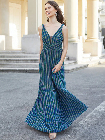 Elegant Blue Deep V-Neck Prom Dresses Long Zip Back A-Line Pleated Sparkly Formal Evening Gowns Bule And Green Cocktail Party Gowns For Teens Wome Mother Of The Bridal Dresses Long