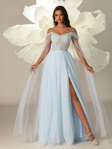 Elegant Blue High-Waist Sheer Mesh Women Off-Shoulder Side Slit Evening Party Dress