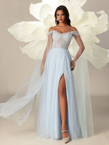 Elegant Blue High-Waist Sheer Mesh Women Off-Shoulder Side Slit Evening Party Dress